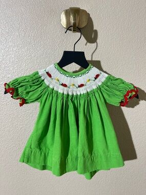 Remember Nguyen Green Smocked Baby Top with Ladybug Embroidery